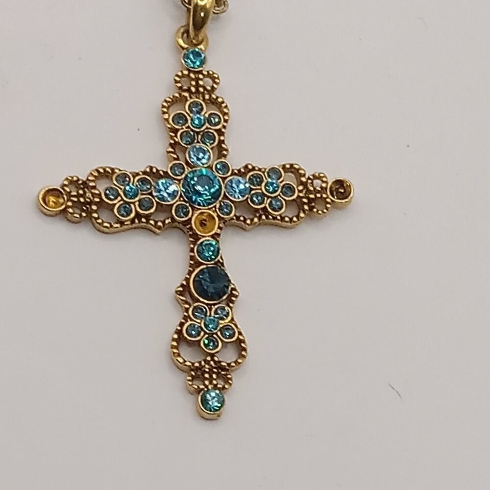 Blue Crystal Embellished CROSS Gold Tone Pendant Beaded Necklace - Picture 2 of 9